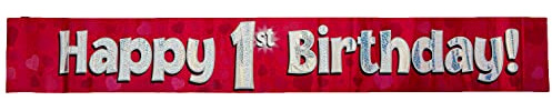 9ft Banner Happy 1st Birthday Pink holographic
