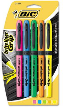 Brite Liner Grip Pocket Highlighter, Chisel Tip, Assorted Colors, 5/Set