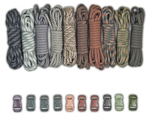 PARACORD PLANET Survival Armband Project Grey Colors Combo Kit mit 100 Fuß in 10 Farben und 10 Schnallen