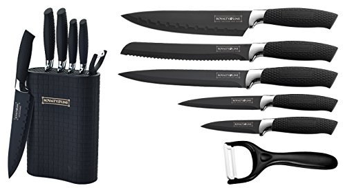 ROYALTY LINE, RL6MSTK, Set of 5 Stainless Steel Knives with Black Block, Ergonomic and Ceramic Coating, Including Peeler, Pink Color, Standard Size