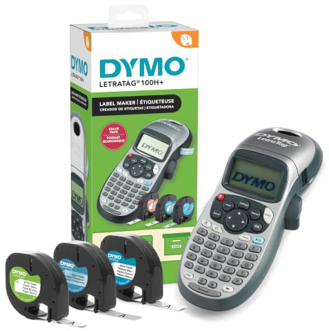 DYMO Label Maker Machine with 3 Tapes - 100H LetraTag Handheld, Includes 3 LT Label Tapes, Perfect for Home & Office Organization