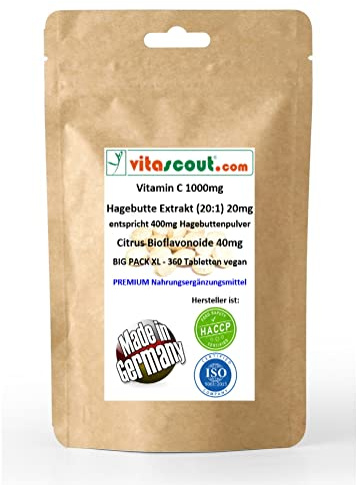Vitamin C 1000 mg - 360 Tabletten + Citrus Bioflavonoide 40 mg + Hagebutten-Extrakt 20 mg, vegan, ohne Magnesiumsalze der Speisefettsäuren (Magnesiumstearat)