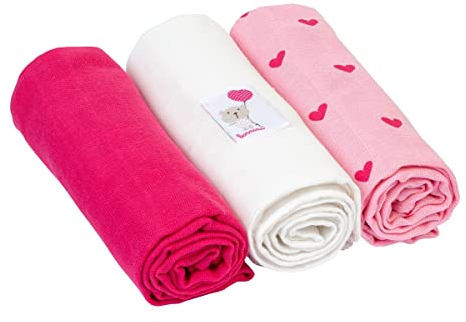 Bornino Mulltücher (3er-Pack) Herz Basics Baby Mullwindeln 80x80 cm - saugstark - rosé/weiß