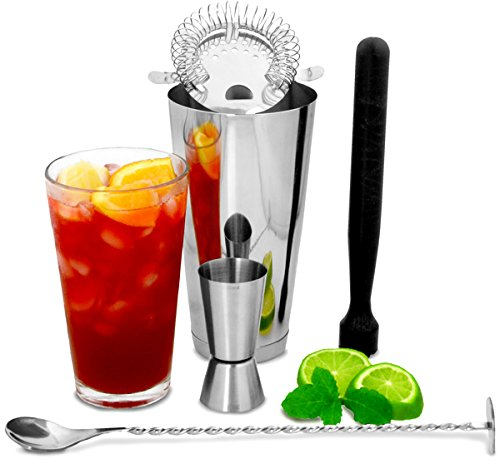 Boston Cocktail Shaker Set with Jigger Measure by bar@drinkstuff | Cocktail Starter Pack | includes Boston Cocktail Shaker, Muddler, Mixing Spoon, Cocktail Strainer & Jigger Measure