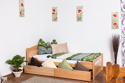Einzelbett/Funktionsbett Easy Premium Line K1/ Voll inkl 2 Schubladen und 2 Abdeckblenden, 90 x 200 cm Buche Vollholz massiv Natur
