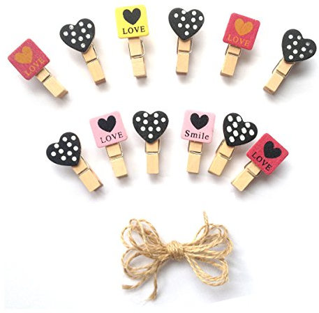 LWR CRAFTS Mini pinces à linge en bois Love and Heart Tropical 24 pièces et cordon en jute 20 cm