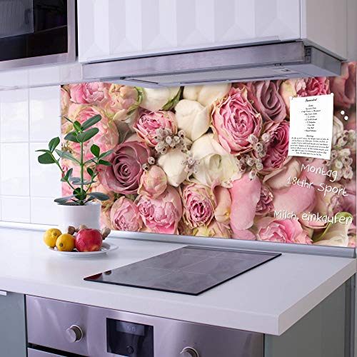 banjado Küchenrückwand Glas ohne Bohren 120x60cm – Glasrückwand Küche mit Motiv Strauss Rosen/Spritzschutz Küchenrückwand Glas/selbstklebende Küchenrückwand Platte - magnetisch & beschreibbar