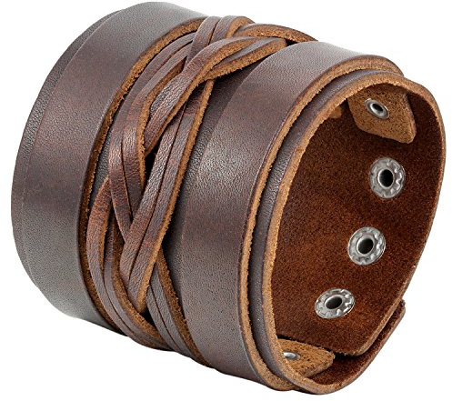 Flongo 2 Stück Herren Lederarmband, Groß Breite Leder Echtleder Armband Armreif Manschette Gürtel Schwarz Braun Silber Punk Rock Biker Motorradfahrer Einstellbar Verstellbar Herren Accessoires