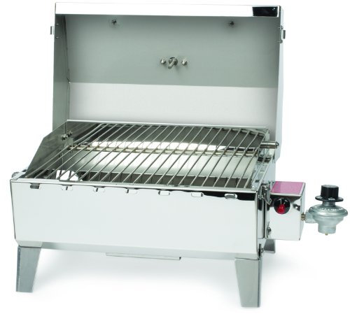 Camco Stainless Steel Portable Grill a Gas propano, Dimensione ridotta per portellone Posteriore, Camping, RV, PIC-nic, casa e Barche, Include Borsa di stoccaggio (806,5 cm², Superficie di Cottura)