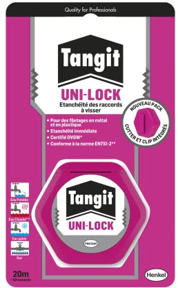 Tangit Uni-Lock, Fil de nylon pour étanchéité des raccords filetés sur tuyaux en métal et en plastique, Fil d'étanchéité pour réseaux de gaz et eau, bobine de 20 M, Blanc