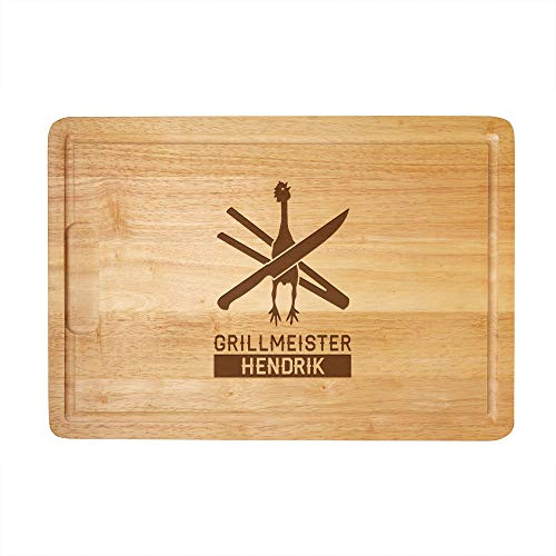 Casa Vivente Schneidebrett aus Holz mit personalisierter Gravur für Grillmeister, Geschenk für Männer, Motiv Schwein und Besteck, 40,5 x 28,5 x 2 cm