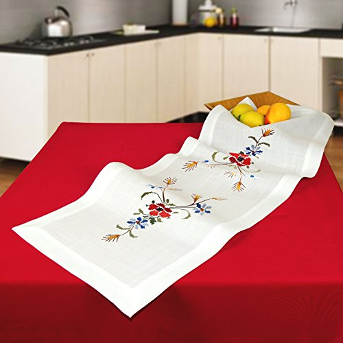 KAMACA Stickpackung Kreuzstich vorgezeichnet Baumwolle komplettes Stickset mit Stickvorlage Stickerei-Kit zum Selbersticken Erwachsene (Blütenteppich mit Mohn - und Korn – Blumen TL 40x100 cm)