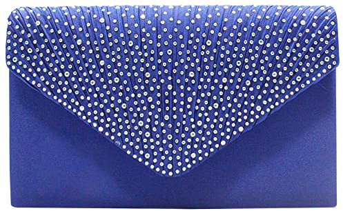 wocharm Womens Ladies Satin Diamante Clutch Bag Envelope Handbag Evening Bridal Bag Wedding Fashion Prom Vintage Shoulder Bags(Royal blue)