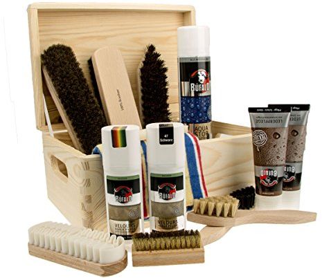 Langlauf Schuhbedarf Rosshaar Schuhputzset 15 teilig - extragroße Rosshaar Polierbürsten - großer Schuhputzkasten Bologna mit Inhalt - Schuhbürstenset für Lederschuhe u. Sneaker