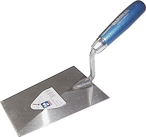 HAROMAC Maurerkelle 180 mm, S-Hals, gehärtet, blaues Holzheft | Kompakte Mörtelkelle zum Aufnehmen, Portionieren und Verteilen von Mörtel bei Mauer- und Ausbesserungsarbeiten