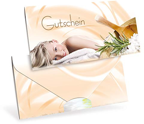 Gutscheinkarten (10 Stück) - Geschenkgutscheine für Wellness, Massage, Salzgrotte - DIN lang Faltkarte verschließbar, blanko Vordruck zum Eintragen der Werte