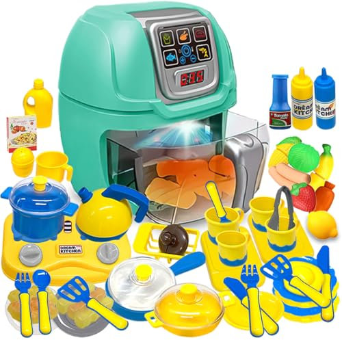Koolbitz 53pcs Kids Kitchen Set with Toy Air Fryer and Kitchen Accessories including Stove and Food Cutting Set, Realistic Cooking Utensils and Cookware Gift for Girls and Boys Ages 3+ Years