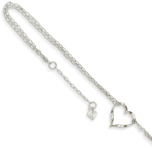 JewelryWeb Bracelet de cheville en or blanc 14 carats avec motif de cœur 22,9 cm