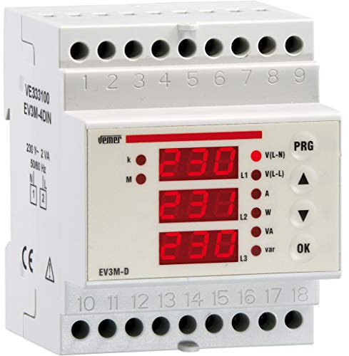 VEMER VE333100EV3M-D - Multimetro Digitale per la Misura delle Principali Grandezze Elettriche nei Sistemi Trifase a 3 o 4 Fili, Alimetazione 230V, Installazione su Barra DIN (4 moduli), Bianco
