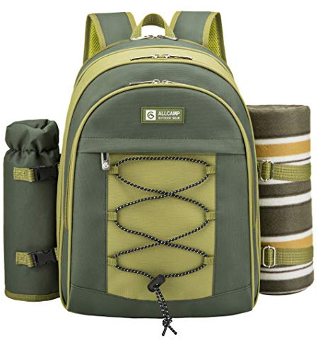 ALLCAMP OUTDOOR GEAR ALLCAMP Picnic Backpack for 2 with Cooler Compartment & Fleece Blanket and Tableware (Green)