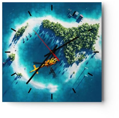 Modern Wanduhr Hubschrauber Ozean Insel Paradies 30x30cm Quadrat Klein Wand Uhr Glas Analog Zimmeruhren Küche Büro Wohnzimmer Glasuhr Wall Clock Dekoration Design Küchenuhr C3AC30x30-2965