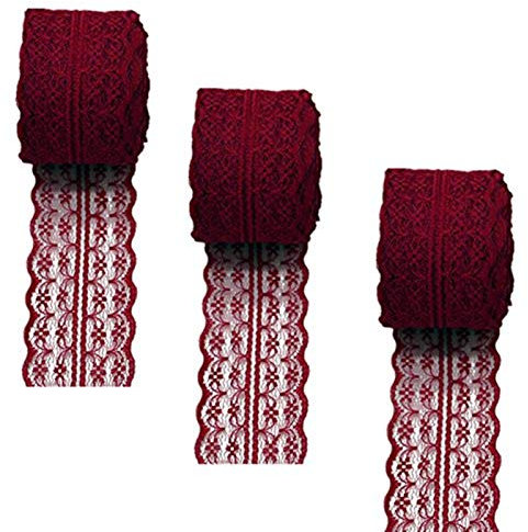 3 rollos de 10 metros de cinta de encaje floral, granate, 45mm x10m