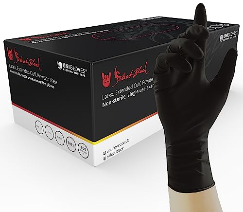 Unigloves Select Black Latex Extended Cuff GT0011 Single Use - Multipurpose, Powder Free Disposable Gloves, Optimised for Tattoo Artists, Box of 100 Gloves, Black, Extra Small