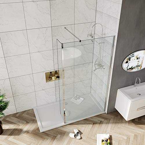 ELEGANT 800mm Bathroom Shower Screen Walk in Wet Room Shower Door 6mm Safety Toughened Glass Screens with 300mm Flipper Shower Panel