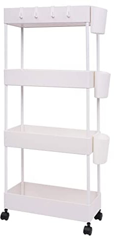 JAKAGO Carrito de Almacenamiento Estrecho con Ruedas (4 Niveles) para Espacios Pequeños, con 3 Cajas Colgantes y 8 Ganchos para Salón Comedor Cocina Baño 40x18x90cm-Blanco