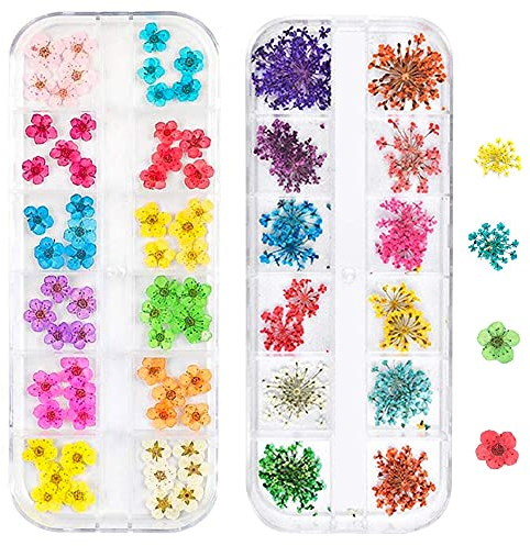 Changar Nagelaufkleber-Set, 3D-Trockenblumen-Aufkleber, getrocknete Blumen für Nagelkunst und Kunstharz, Basteln, DIY, fünf Blütenblätter, Schleierkraut, trockene Blume