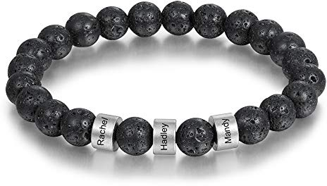 kaululu Personalisiert Armbander mit 3 Namen Herren Männer Perlenarmband Stein Armband mit Einstellbar Geschenk für Vatertag Valentinstag Weihnachten