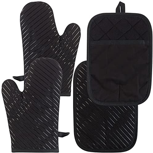 Rosenstein & Söhne Grillhandschuh: 4er-Set Silikon-Anti-Rutsch-Ofenhandschuhe & XL-Topflappen, bis 240 °C (Silikonofenhandschuh, Topflappenset, BBQ)
