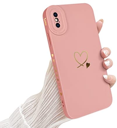 Newseego Hülle Kompatibel mit iPhone X/XS - Stilvolles Gold Love-Herz Muster Design, Weiches Flüssigsilikon, Niedlicher Herz Seitenrahmen, Stoßfeste Schutzhülle - Rosa