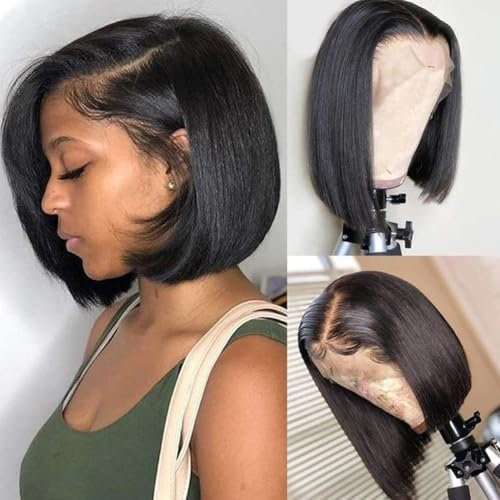 Style Icon Echthaar Perücke Damen Perücke Schwarz Human Hair Wigs frei Scheitel 4x4 Lace Front Wigs glatt Haar brasilianisches Virgin Remy Hair 150% Dichte (10 Inch, NATURAL)