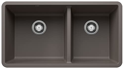 BLANCO 443118 Precis Silgranit 60/40 - Fregadero de cocina empotrado de doble tazón, 33 pulgadas de largo x 18 pulgadas de ancho, color gris volcán