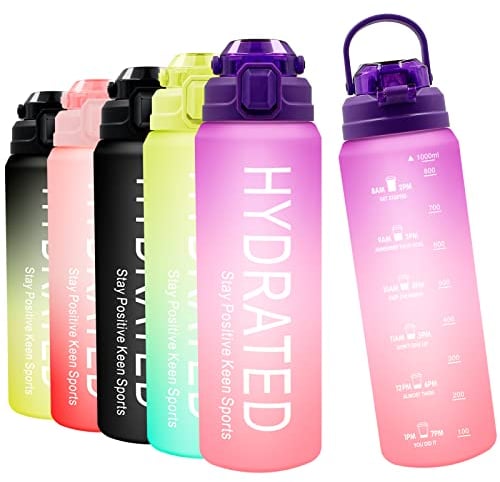 Wolepaz 1 litre Water Bottle with Straw, Motivational Sports Water Bottle with Time Markings, Leakproof BPA-free Tritan Drink Bottle for Running, Bike, Gym, , School & Office (Gradient Purple Pink)