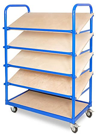 BRB Schrägboden-Regalwagen mit 5 Ebenen, BxTxH 1050x500x1450 mm, 2 Lenk- (mit Feststellbremse) u. 2 Bockrollen