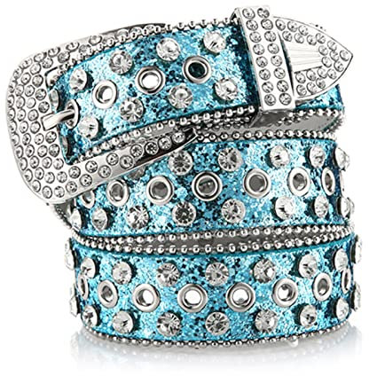 Goth Strass Gürtel Frauen PU Leder Riemen Strass Gürtel Cowgirl Y2K Mädchen Mode Gürtel für Jeans Männer- Blau