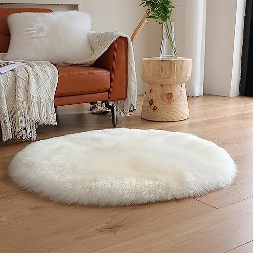 Menkala Teppich Rund Flauschig Weiß Kunstfell Weich Modern Teppiche Hochflor Waschbar rutschfest Fellteppich Für Schlafzimmer Wohnzimmer Kinderteppich Stuhlkissen Balkon Bettumrandung Klein 80 cm