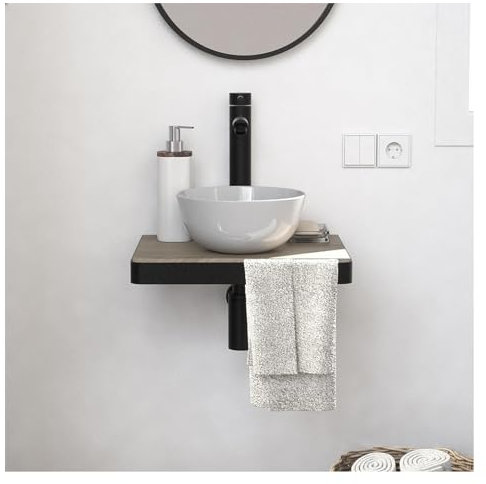 MOB-IN Meuble Lave-Mains Soho Plan Fin p-Serviette Face Vasque Blanche + Robinet