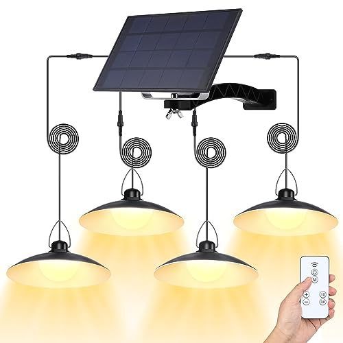 Solar Hängelampen für Außen Innen,4 Kopf Solar Pendelleuchte mit Fernbedienung,IP66 Wasserdicht Solarlampen für Außen Hängend Dimmbar Timer für Garten Balkon Terrassen Pavillon Garage,Warmweiß