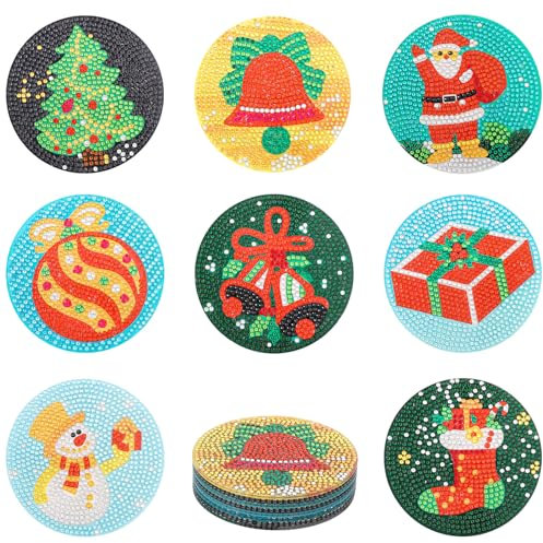 lasuroa 8pcs Dessous de Verre de Noël, DIY Diamant Peinture Dessous de Verre de Noël Kit Dessous de Verre Bricolage Ensemble de Sous-Verres de Noël Diamant pour Boissons Adultes Débutants Artisanat