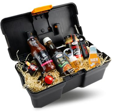Werkzeugkoffer mit Biermagnet, Grillsauce, Pizza Sauce, Grillsenf und Zubehör