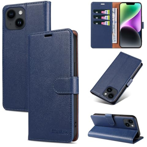 STAWLKA Case for iPhone 13, Premium PU Leather Flip Magnetic Buckle Wallet Case Kickstand Blocking RFID Shockproof Protective Phone Cover for iPhone 13 - Blue