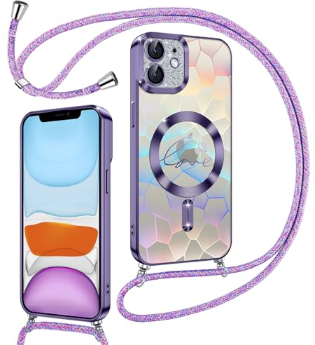 Kokio Magnetische Glitzer Handykette für iPhone 11 Hülle mit Band [Kompatibel mit MagSafe] Kameraschutz Durchsichtig Handyhülle für Frauen Mädchen Silikon Stoßfeste Schutzhülle für iPhone 11 Lila