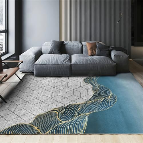 Tapis antidérapant pour Tapis Tapis Chambre Tapis à Rayures géométriques Bleu Gris Jaune Deco Chambre Bebe Fille 80x160cm