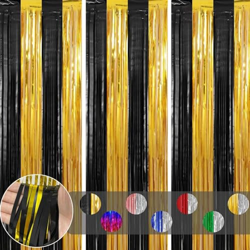 3pcs Black Gold Tinsel Curtains Tinsel Backdrop Party Foil Door Curtain,1*2m Glitter Fringe Curtain Wall Tinsel,Shimmer Curtains Tassel Backdrop for Birthday New Year Eve Graduation Party Decorations