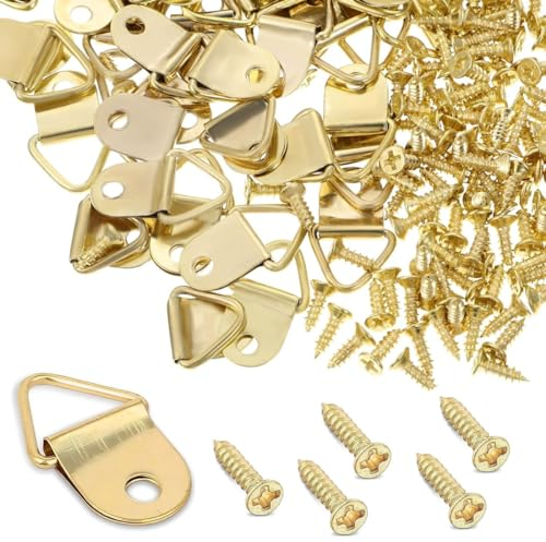 LEEQBCR 50 Pezzi Ganci con Viti, Ganci da Parete ad Anello Triangolare, Ganci per Quadri, Ganci per Quadri per Appendere cornici,opere d'Arte per Appendere Foto di Famiglia in Ufficio (Colore Oro)