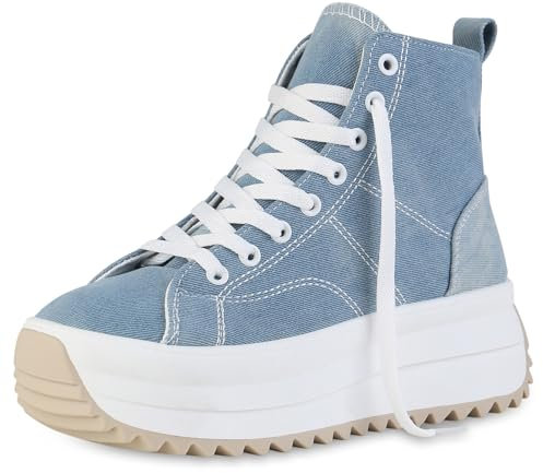 VAN HILL Damen Plateau Sneaker Keilabsatz Plateau Vorne Trendy Schuhe 215229 Blau Denim Trendy 37