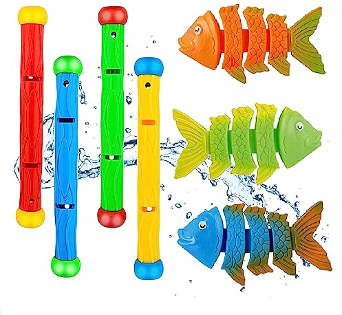 Kiuiom Juguetes de Buceo, Juguetes para Nadar bajo el Agua, Juguete Acuático para Piscina, 4PCS Sticks de Buceo y 3PCS Pescados Salto Juguetes de Piscina Entrenamiento Juego para Niños